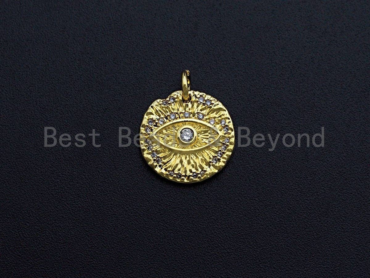Clear CZ Micro Pave Evil Eye on Disc Pendant/Charm, Embossment Brass Lucky eye Cubic Zirconia Pendant, Gold Tone, 15mm,Sku#Z765