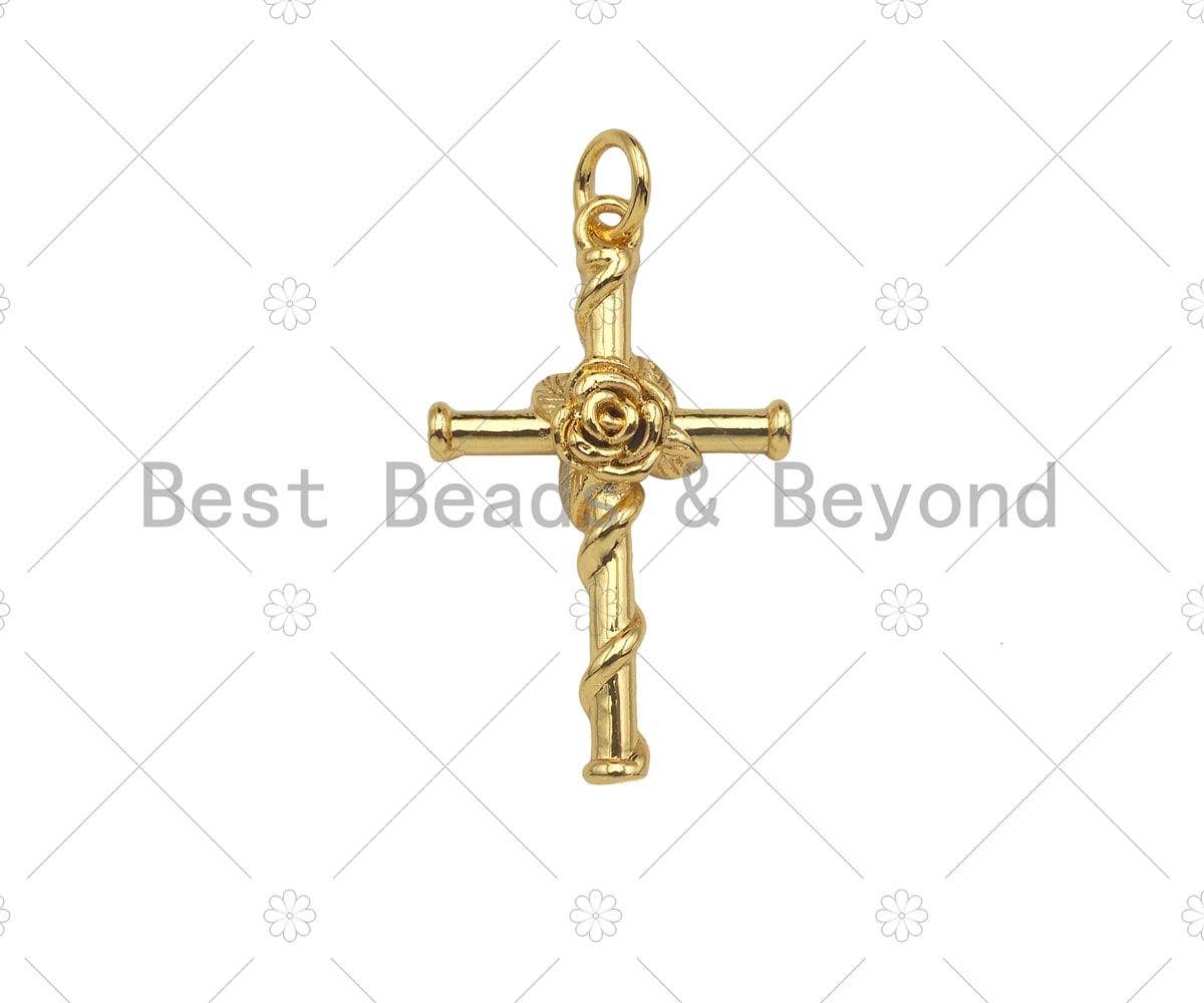 Gold Filled Rose Flower On Cross Shape Pendant, 18K Gold Filled Rose Cross Charm, Necklace Bracelet Charm Pendant, 16x26mm, Sku#Y439
