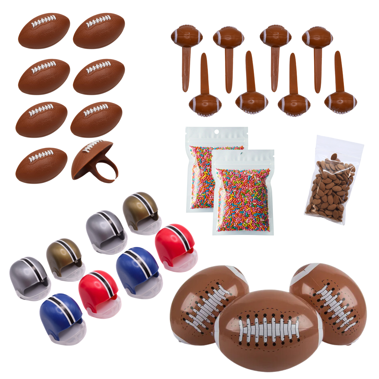 Kit de décoration pour fête de football Oasis Supply (disponible en précommande) - 32 pièces, comprend 8 casques, 8 anneaux de football, 8 pics de football, 28 g de billes de football et deux sacs de 56 g de vermicelles aux couleurs de l'équipe.