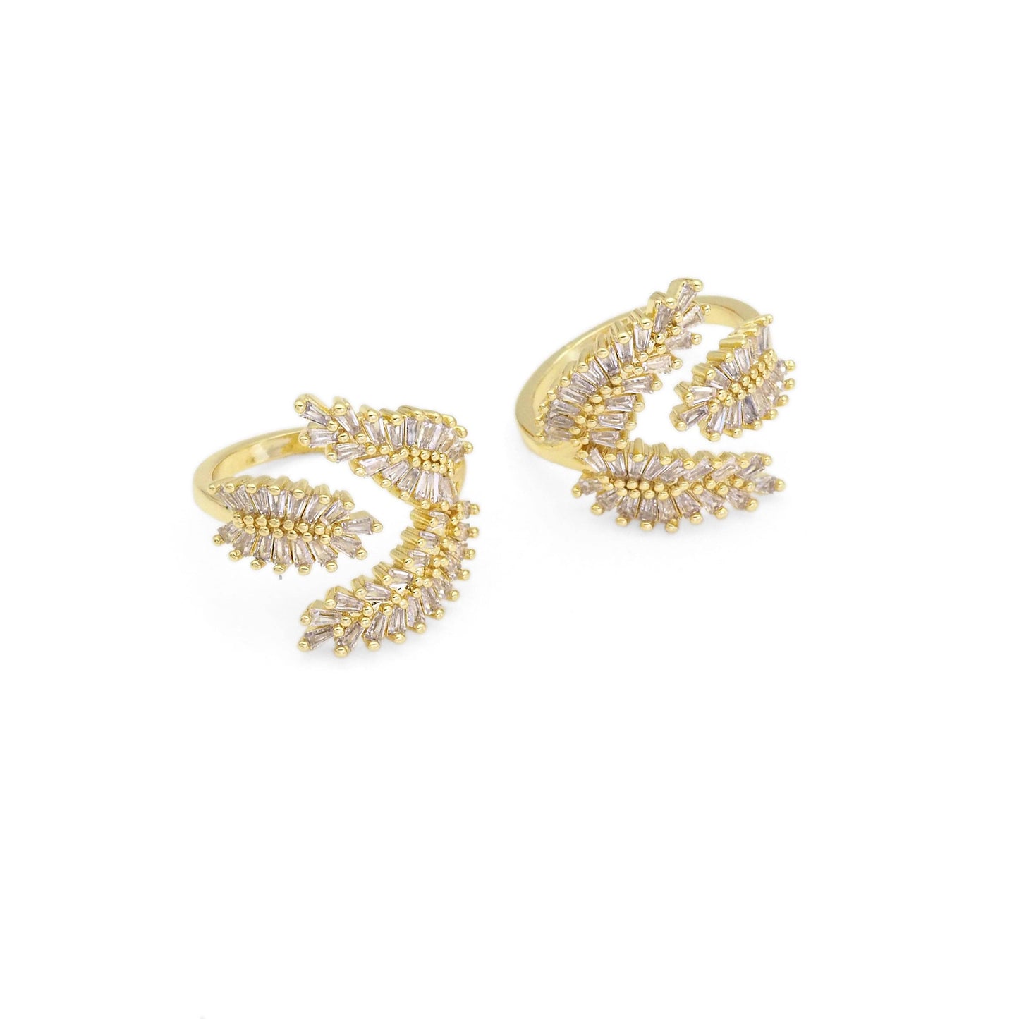 Gold Baguette CZ  Feather Leaf Ajustable Ring, Sku#LX255