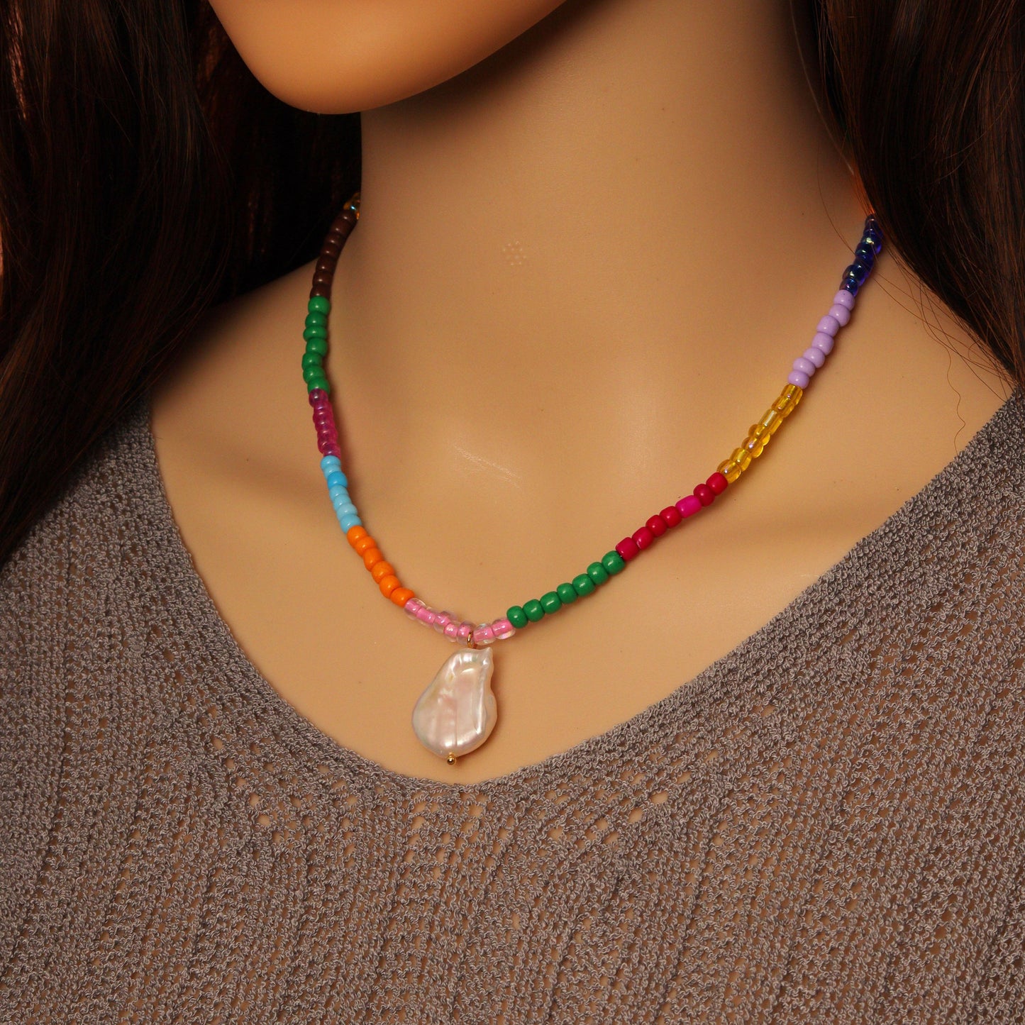 Colorful Beaded Necklace With Pearl Pendant, Sku#EF518
