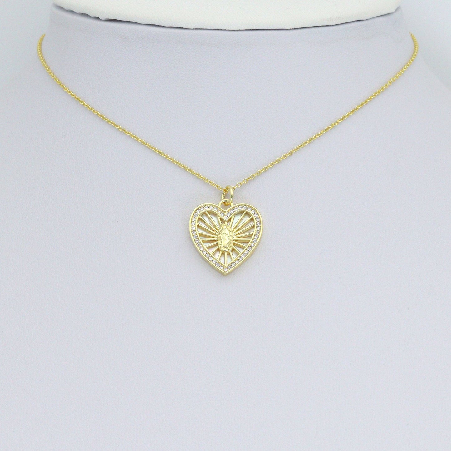 CZ Mother of Pearl Virgin Mary On Radiate Heart Charm Pendant, Sku#LK1149
