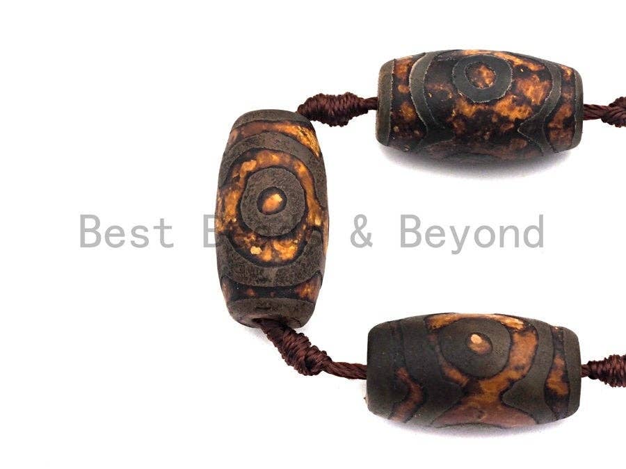 1pc/11pc Natural Etched Tibetan Agate Barrel Beads, Ancient Brown Dzi Drum Beads, Tibetan Dzi Beads, 15x25mm, sku#U512
