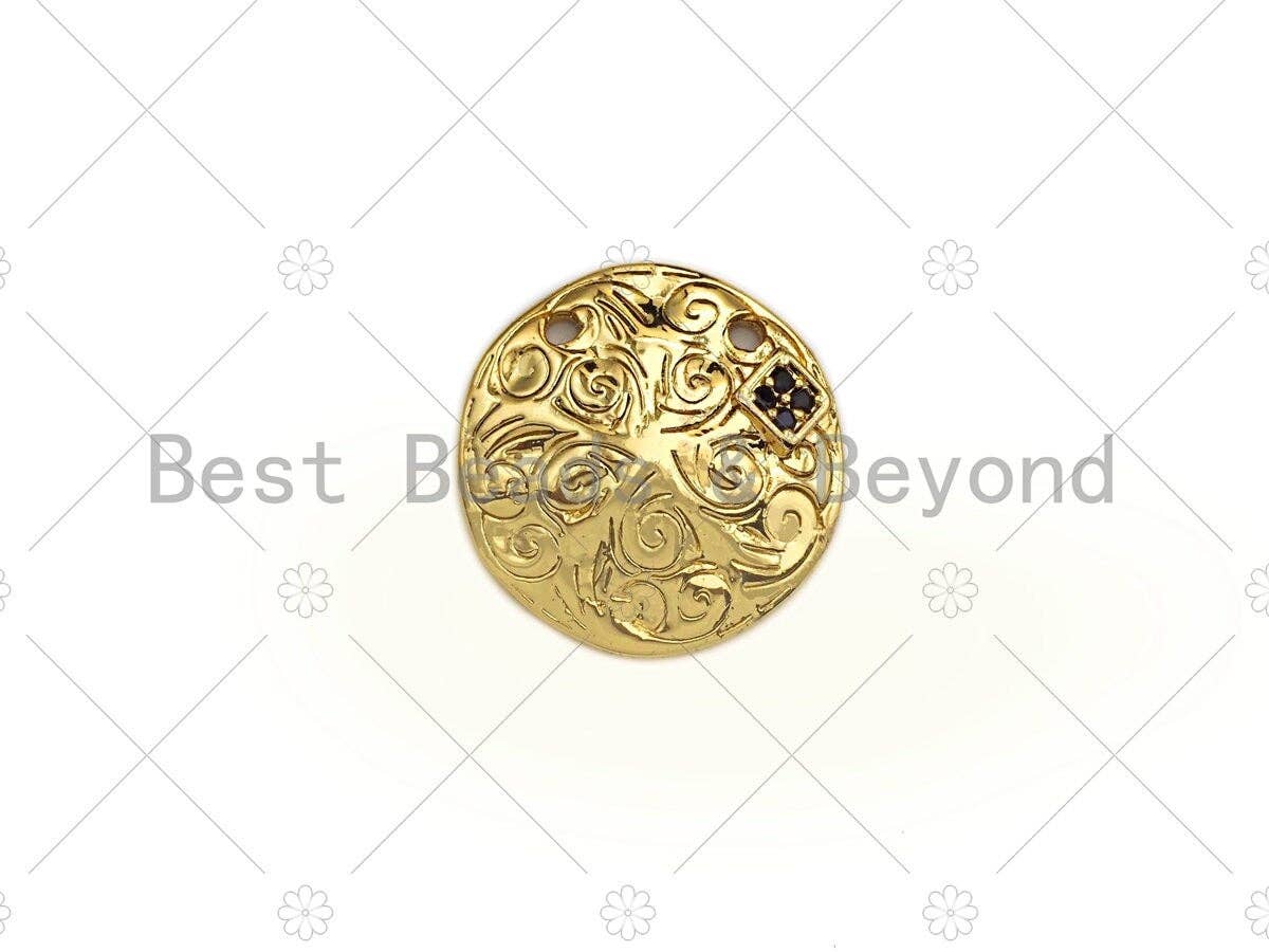 CZ Micro Pave Black CZ Square Pattern On Round Coin Shape Pendant, Dainty Gold Medallion Pendant,17mm, Sku#LK24