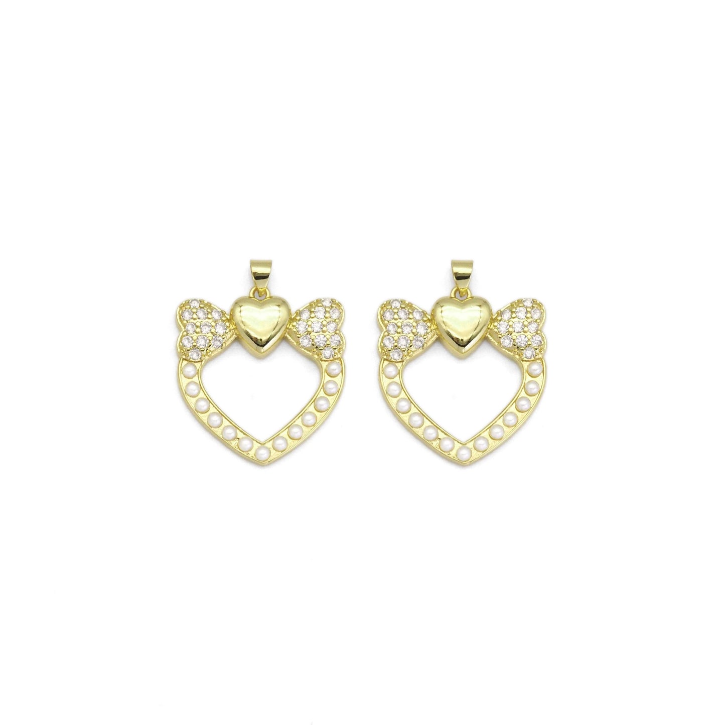 Gold CZ Bow Heart Pearl Around Charm, Sku#LK882