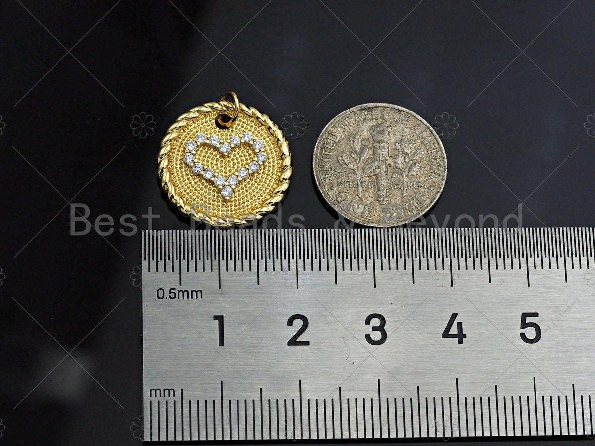 CZ Micro Pave Heart On Round Coin Charm/Pendant, Heart Shape Charm, Gold Coin Pendant, Gold plated charm, 18mm, Sku#LK131