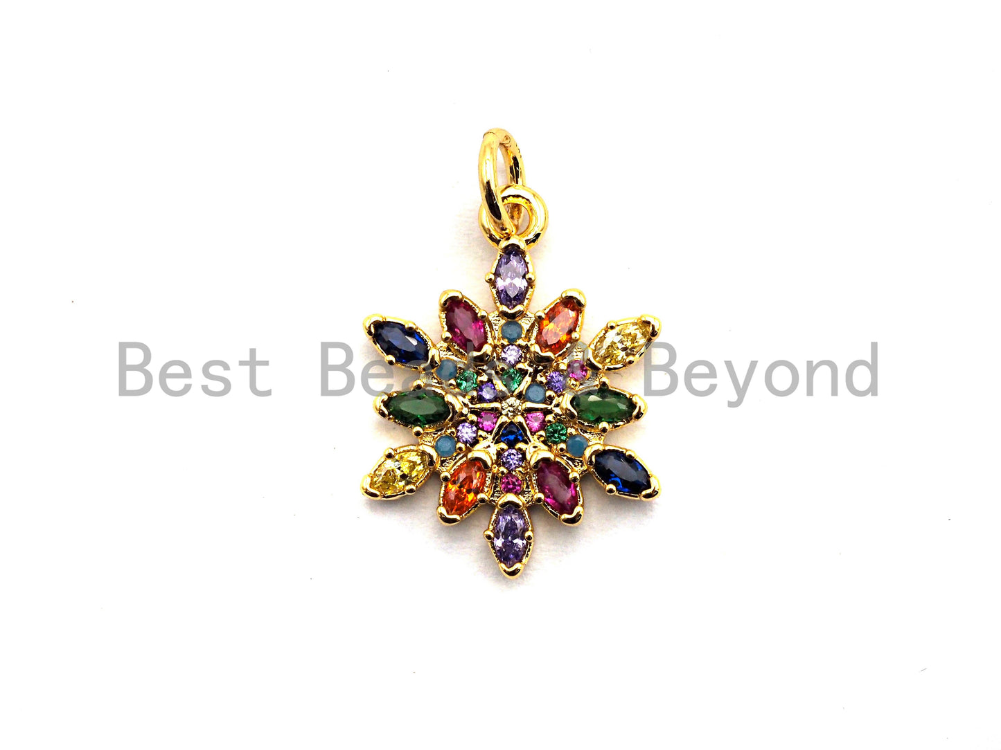 CZ Colorful Micro Pave Round With Snowflake Pendant, Snowflake  Shaped Pave Pendant, Gold plated, 14x18mm, Sku#F823