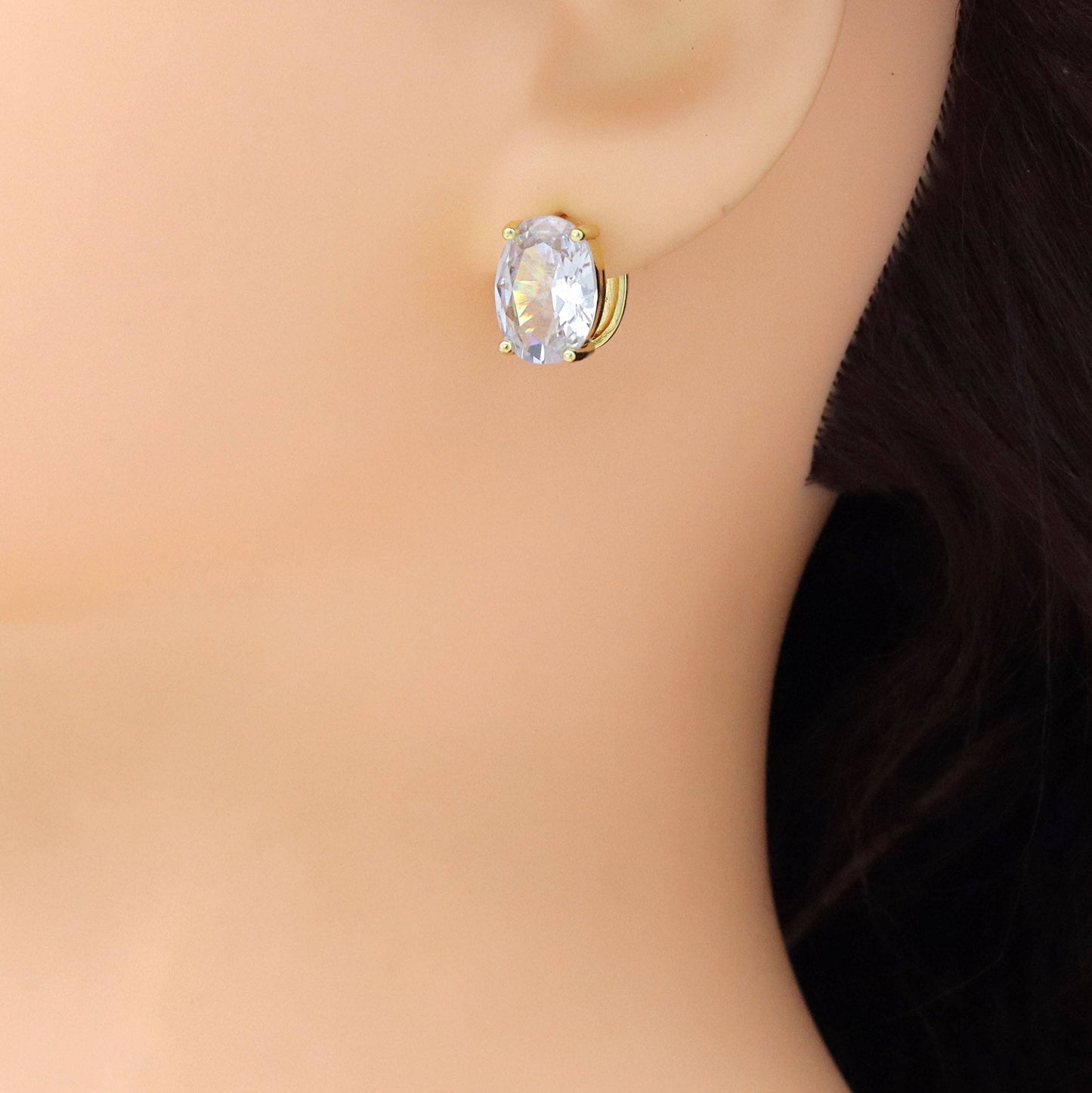 Gold Silver Big Oval CZ Stud Earrings, Sku#LX713