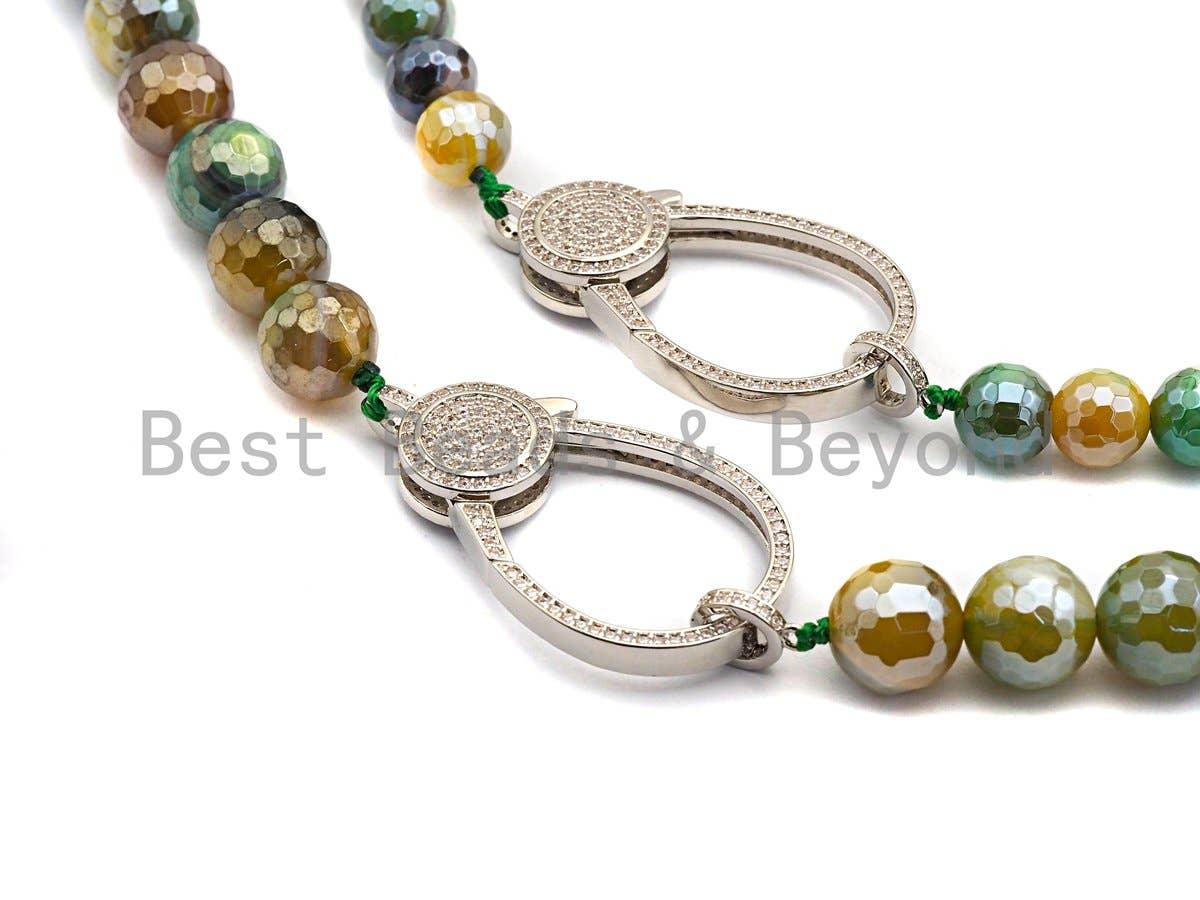 Gorgeous Agate Attachment Necklace with Large CZ Pave Silver clasp, 18 long, 8mm/10mm beads size, sku#D43
