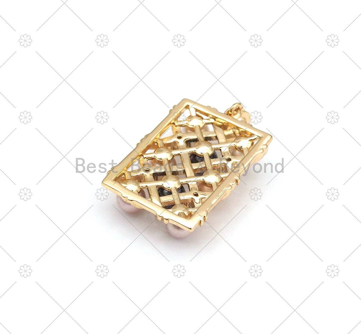 CZ Micro Pave Multicolor Mother of Pearl On Rectangle Shape Pendant, 18K Gold Filled MOP Charm, Necklace Bracelet Pendant, 24x16mm, Sku#ZX40