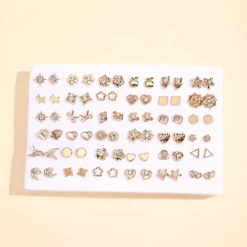 36 paires : Ensemble de boucles d'oreilles tendance pour femme - Assortiment cœurs, fleurs, formes géométriques et bien plus