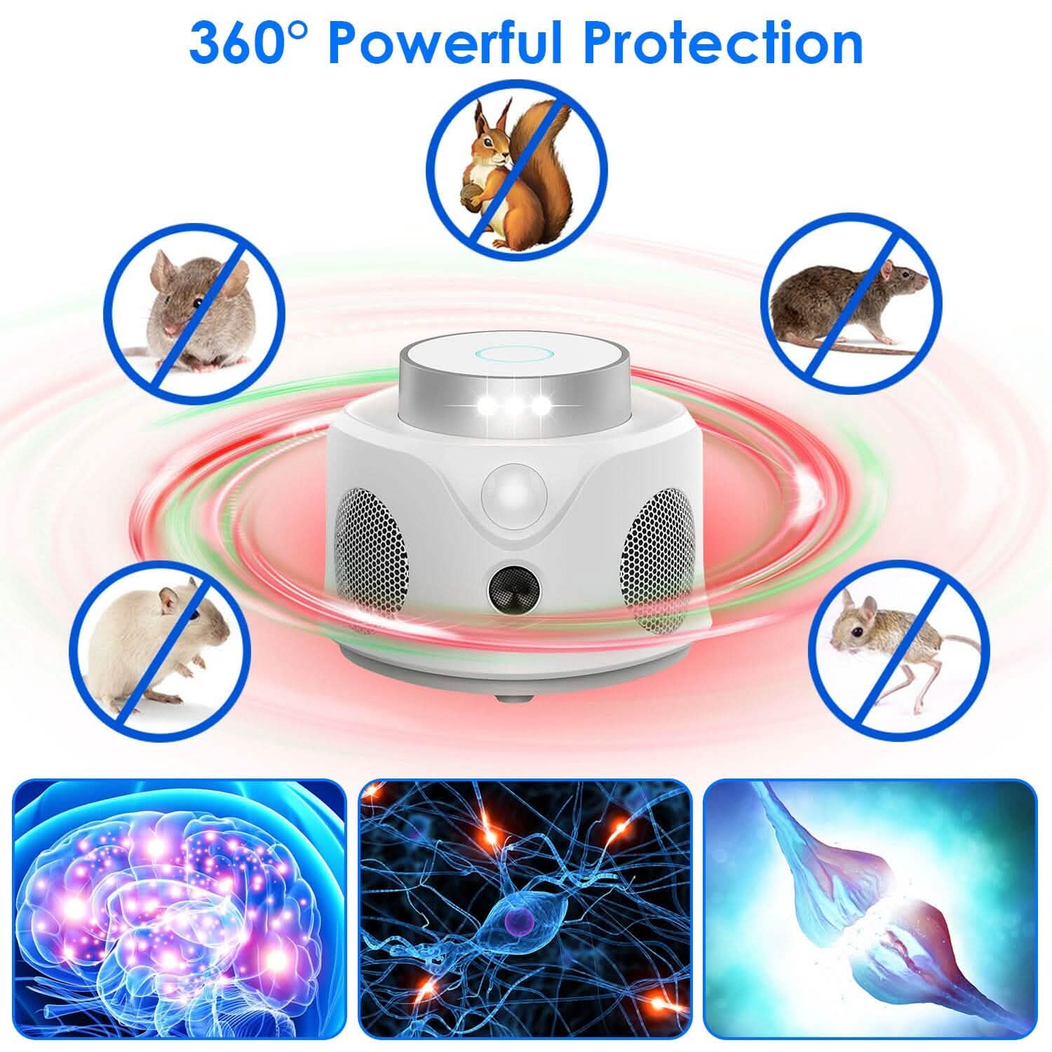 Répulsif anti-souris ultrasonique 360° pour l'intérieur avec 3 modes et 9 lumières stroboscopiques