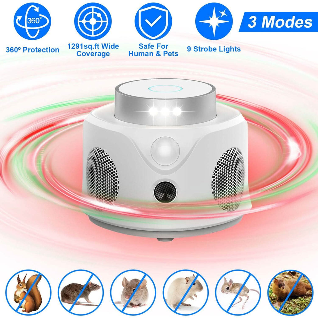 Répulsif anti-souris ultrasonique 360° pour l'intérieur avec 3 modes et 9 lumières stroboscopiques