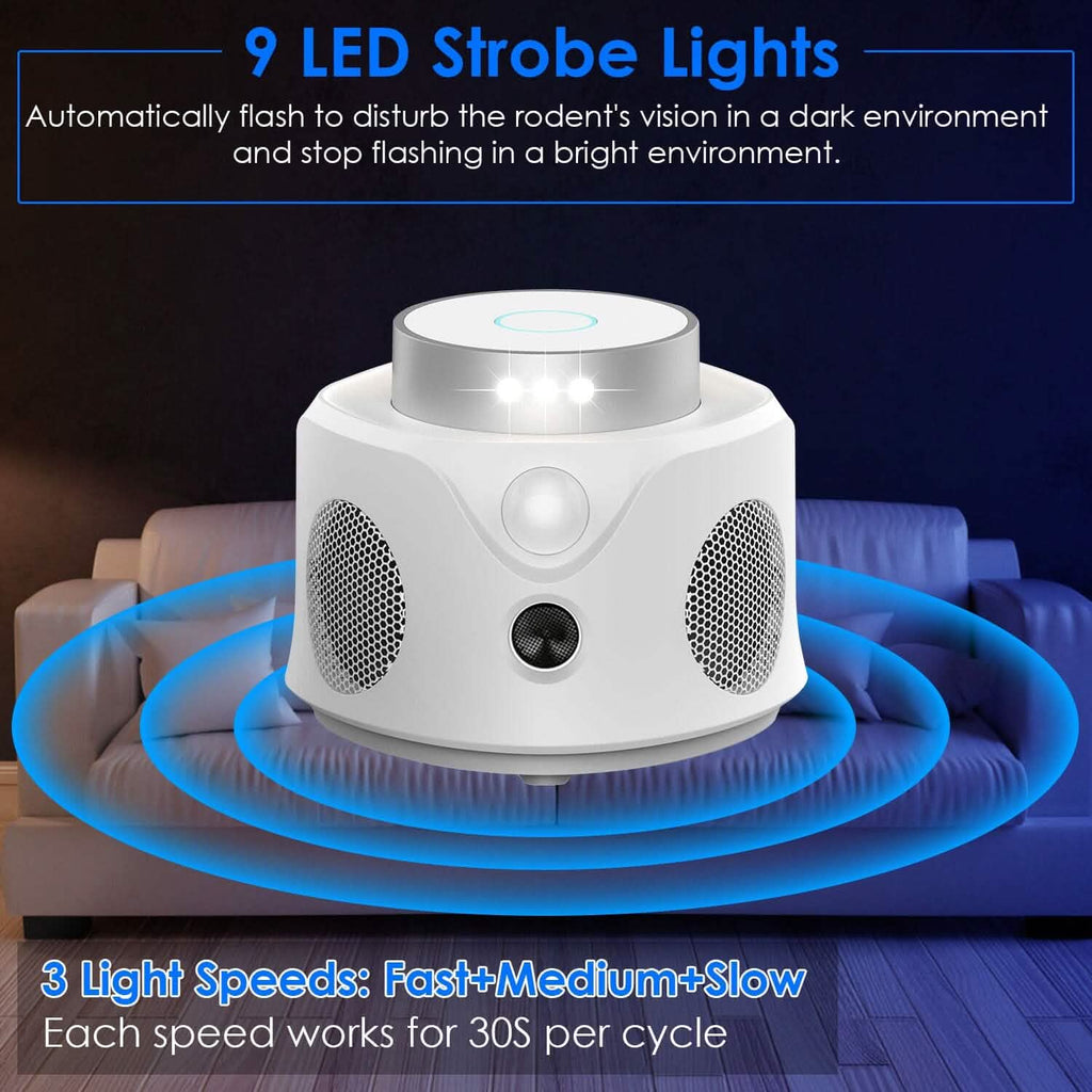 Répulsif anti-souris ultrasonique 360° pour l'intérieur avec 3 modes et 9 lumières stroboscopiques