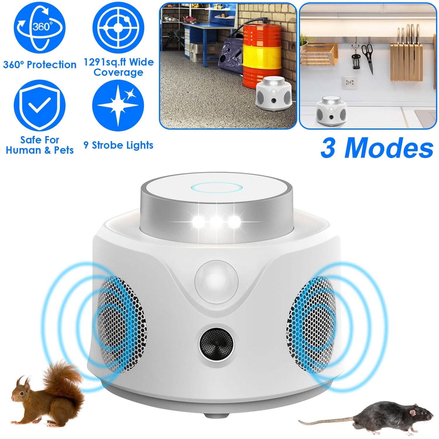 Répulsif anti-souris ultrasonique 360° pour l'intérieur avec 3 modes et 9 lumières stroboscopiques