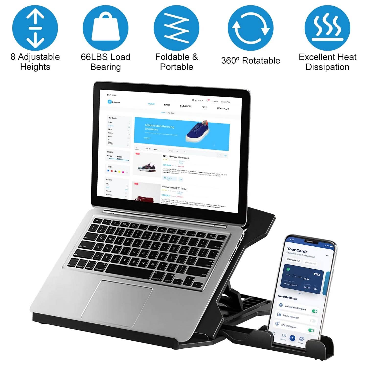 360º Rotating Laptop Riser Stand with Phone Stand 8 Level Adjustable Height