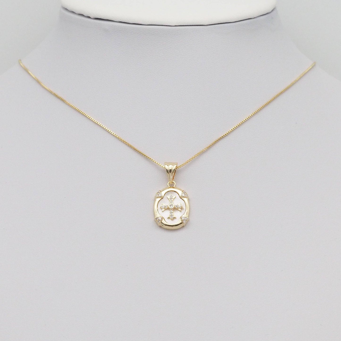 Gold / Silver CZ Cross Mother of Pearl Oval Charm, Sku#ZX164