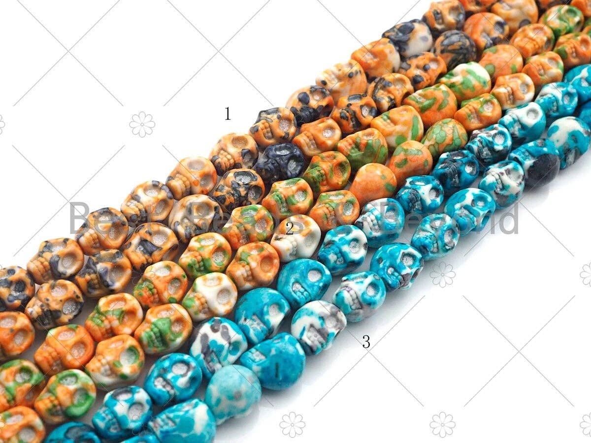 Yellow Blue Orange Mottled Jade Carved Skull Beads, Round Sm