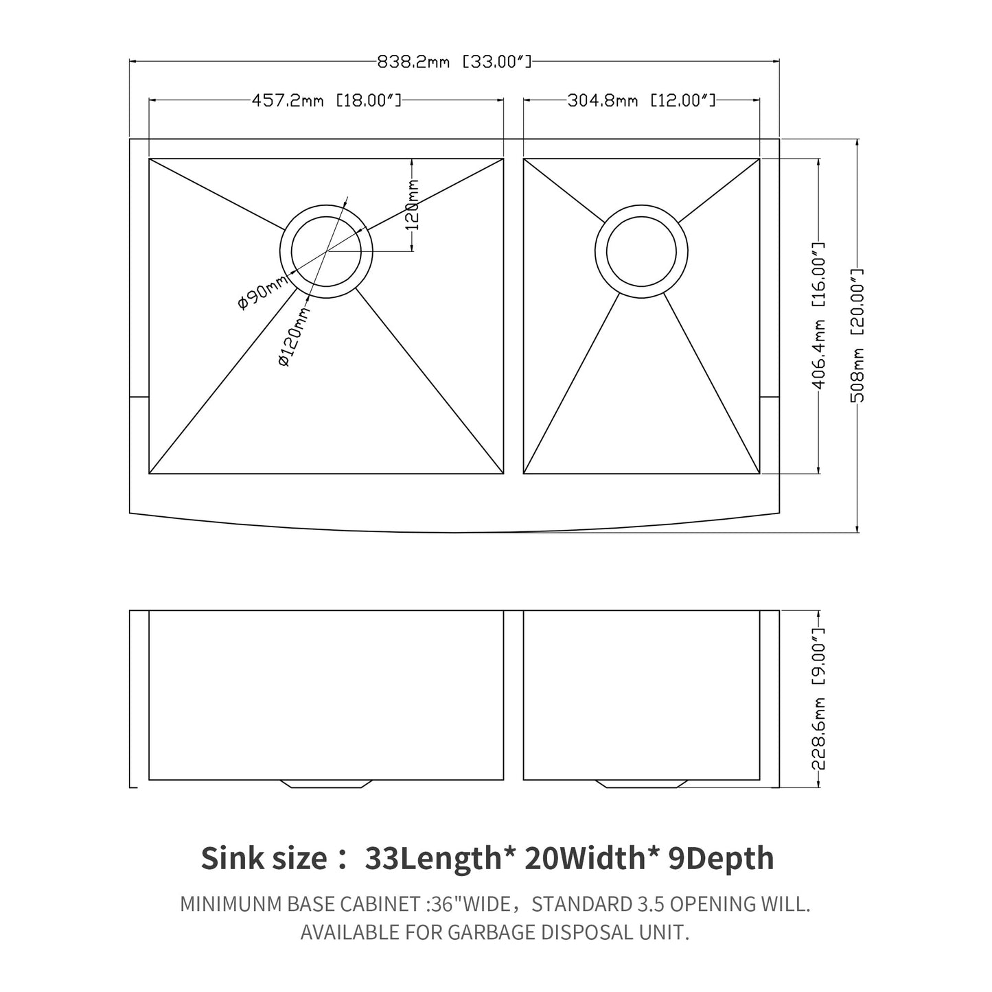 Double Bowl Farmhouse Kitchen Sink - 33"x20" Stainless Steel