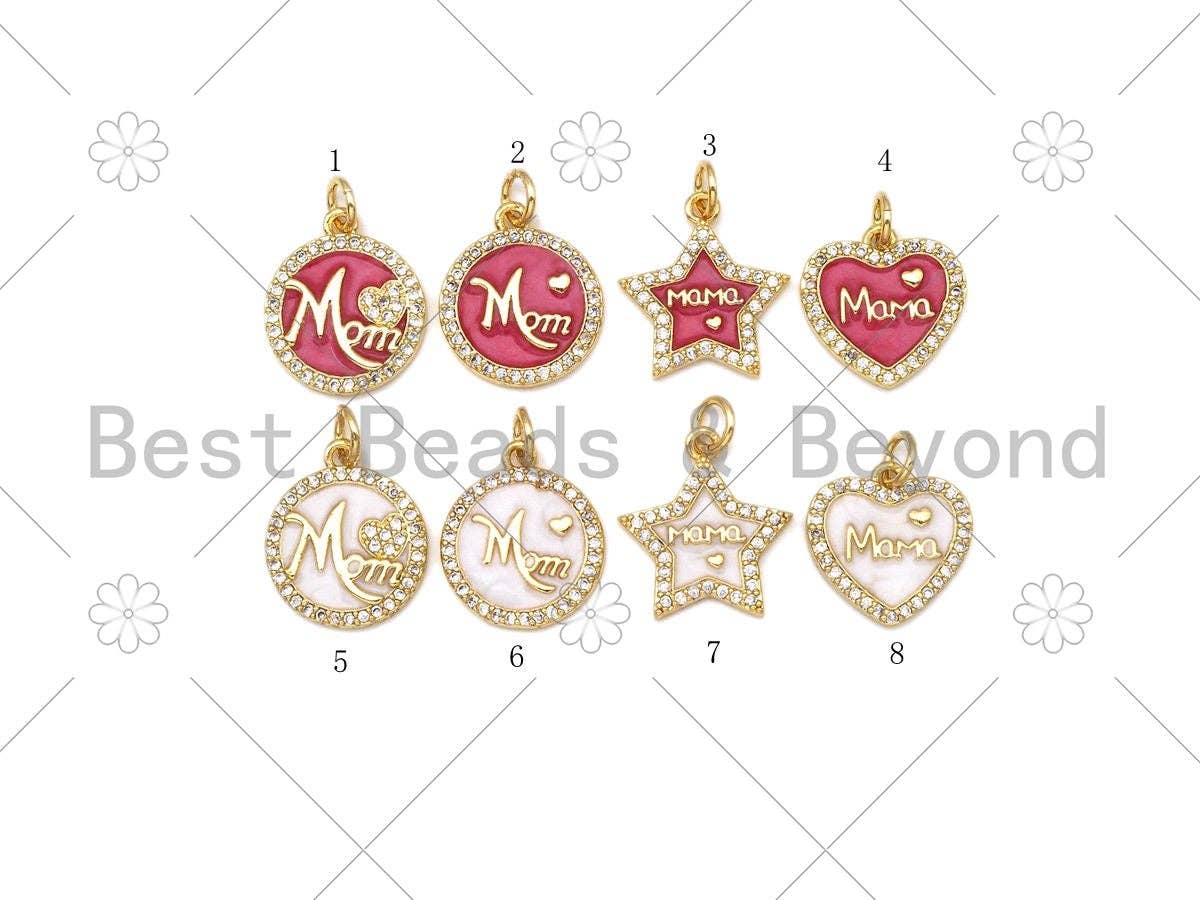 Colorful Enamel Mom Word On Round/Five Star/Heart Shape Pendant, 18K Gold Filled Micro Pave CZ Charm,Mother's Day Charm,14x17mm,Sku#L585