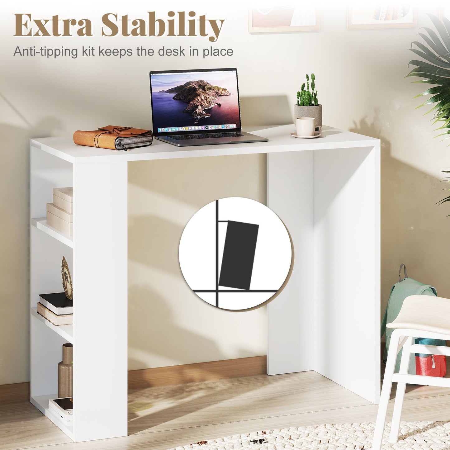36 Inch White Computer Desk with 3 Open Shelves for Home Office Study-White