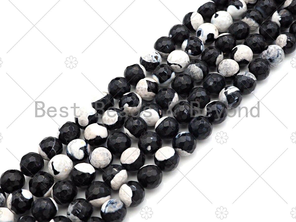 Natural Black White Fire Agate Round Faceted Beads, 8mm/10mm