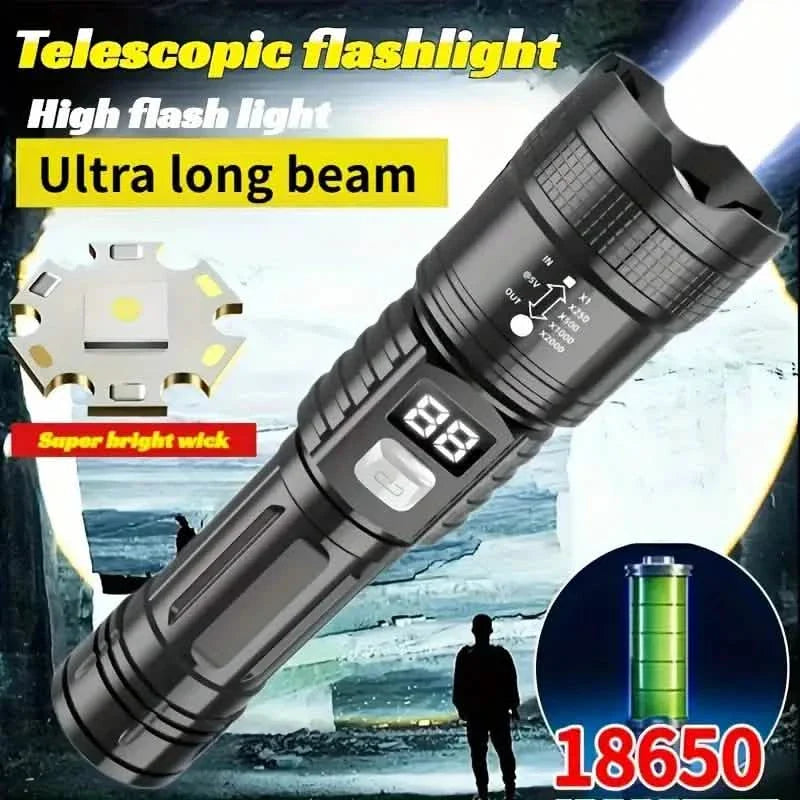 Lampe de poche tactique LED ultra-lumineuse – 3 modes, rechargeable USB, 600 lumens, extérieur, randonnée et camping