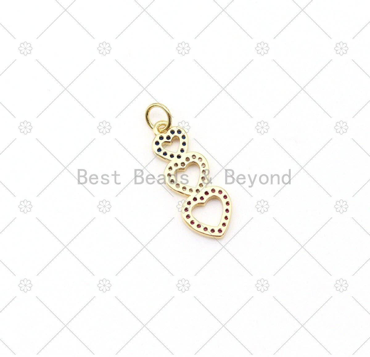 Clear/Fuchsia/Cobalt CZ Micro Pave Triple Heart/Star Shape Pendant, 18K Gold Filled Charm, Necklace Bracelet Pendant, 22x9mm,Sku#LK495