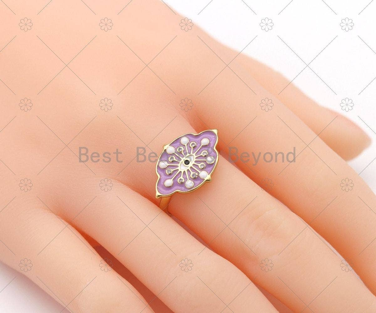 Colorful Enamel Evil Eye On Oval Flower Open Ring,Sku#O84