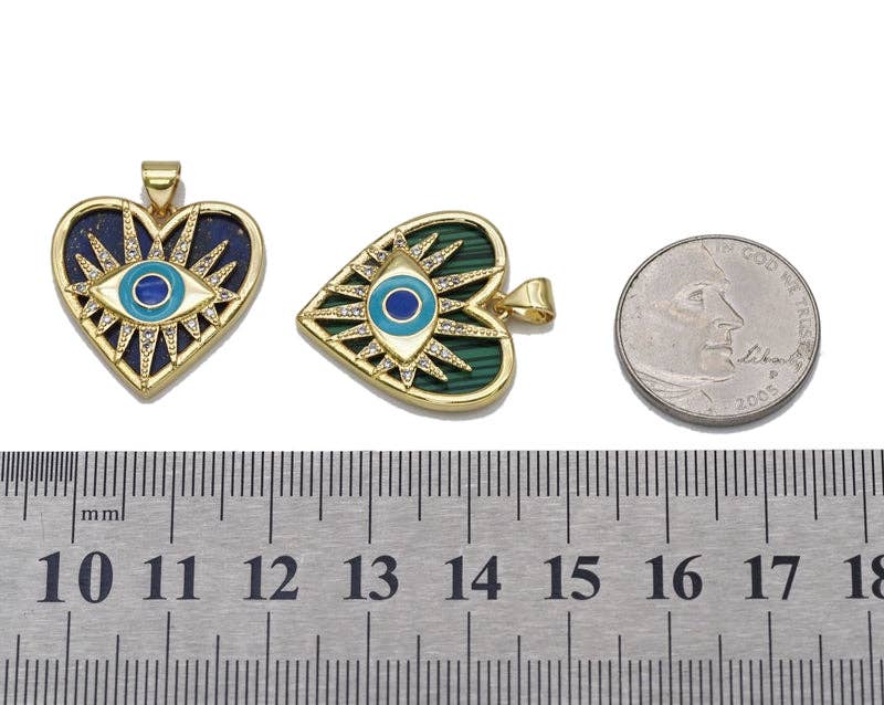 Gold CZ Enamel Evil Eye On Gemstone Heart Charm, Sku#LX102