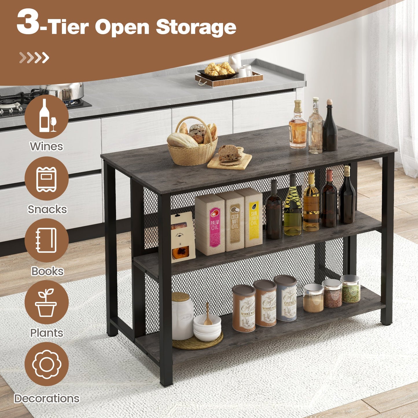 36 Inch 3-Tier Bar Table with Storage Metal Frame Adjustable Foot Pads for Dining Room