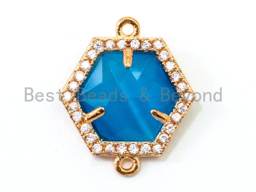 Hexagon Bezel Connector with Faceted Cat's Eye Stone, Gold Plated CZ Micro Pave Frame Connector, Topaz/Blue/White/Pink 14x18mm, sku#A79