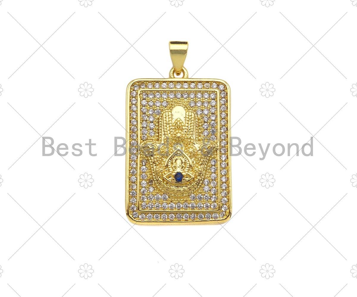 CZ Micro Pave Hamsa Hand On Rectangle Shape Pendant/Charm,Cubic Zirconia Medallion Charm, Necklace Bracelet Charm Pendant,18x28mm, Sku#LK219