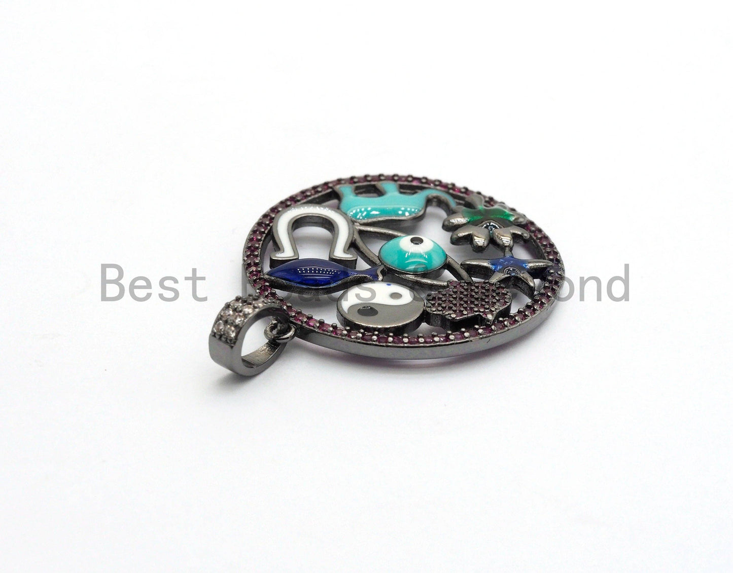 LARGE Enamel Round Artisan Protection Pendant,Black CZ Micro Pave Oil Drop Round pendant,Enamel pendant,Enamel Jewelry,32x34mm,sku#F595