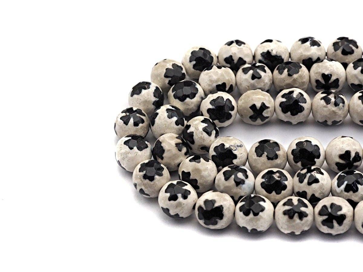 Quality Dzi Black White Aage with Flower Patten Beads, Round Faceted Tibetan Agate, 10mm beads, 15.5inch strand, SKU#U558