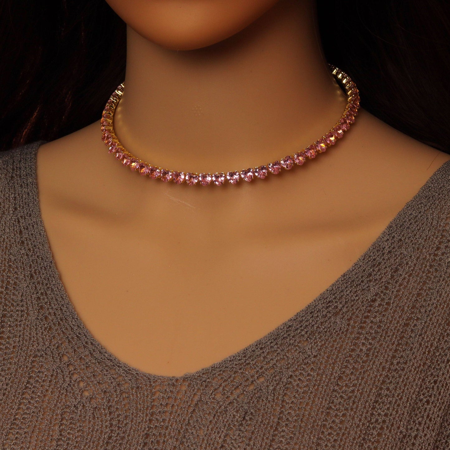 Gold Clear Pink Heart CZ Adjustable Choker Necklace, Sku#A33
