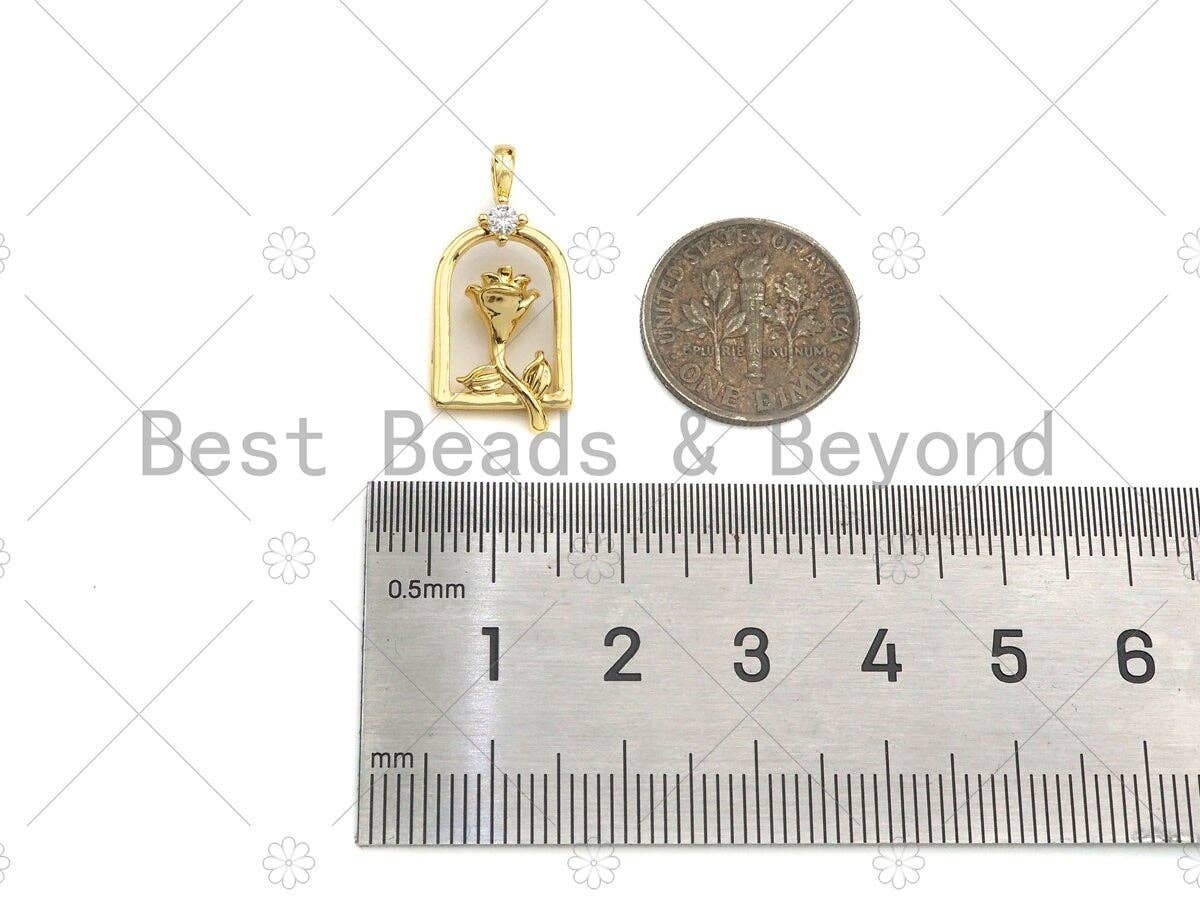 CZ Micro Pave Rose Flower On Birdcage Frame Shape Pendant/Charm, 18K Gold Charm, Necklace Bracelet Charm Pendant,11x23mm, Sku#LK259