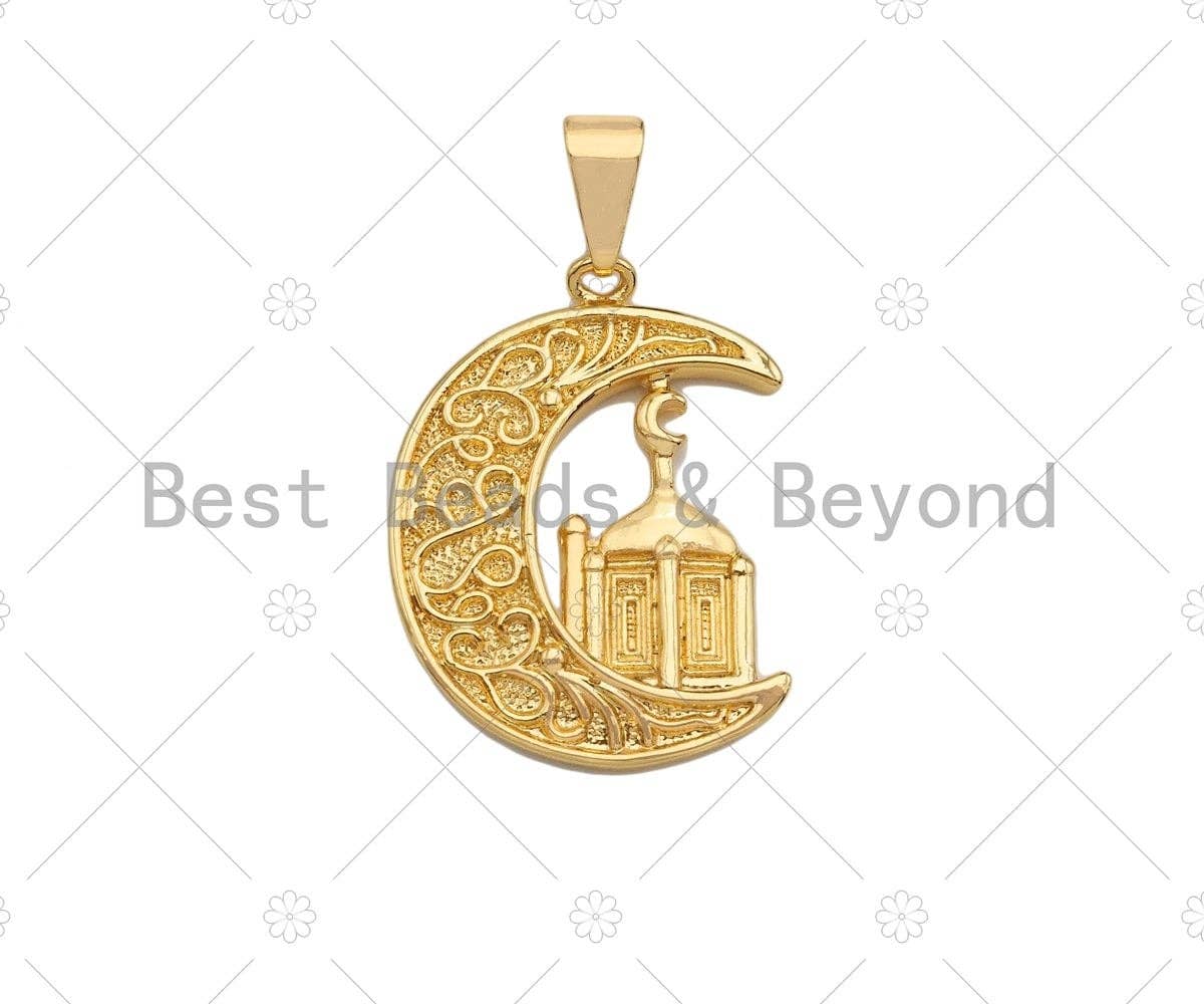 CZ Micro Pave Palace On Cresent Moon Shape Pendant/Charm, Sku#F1358C
