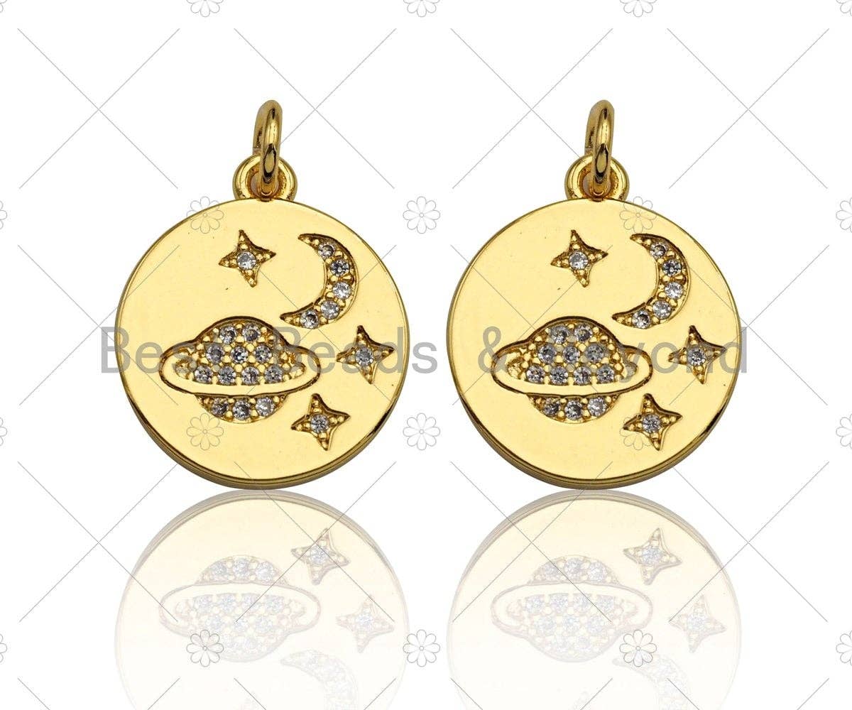18k Shiny Gold Moon Earth Star On Round Coin Charms, Gold Coin Charms, Moon Pendant, Gold Pendant, Round Necklace Charms, 15x17mm, Sku#Z1170