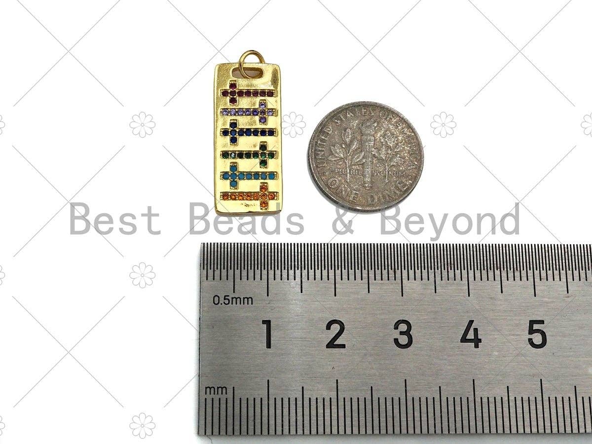 Colorful CZ Micro Pave Cross On Rectangle Shape Pendant, Cubic Zirconia Rectangle Pendant, Gold Tone Pendant, 10x24mm, sku#LK179