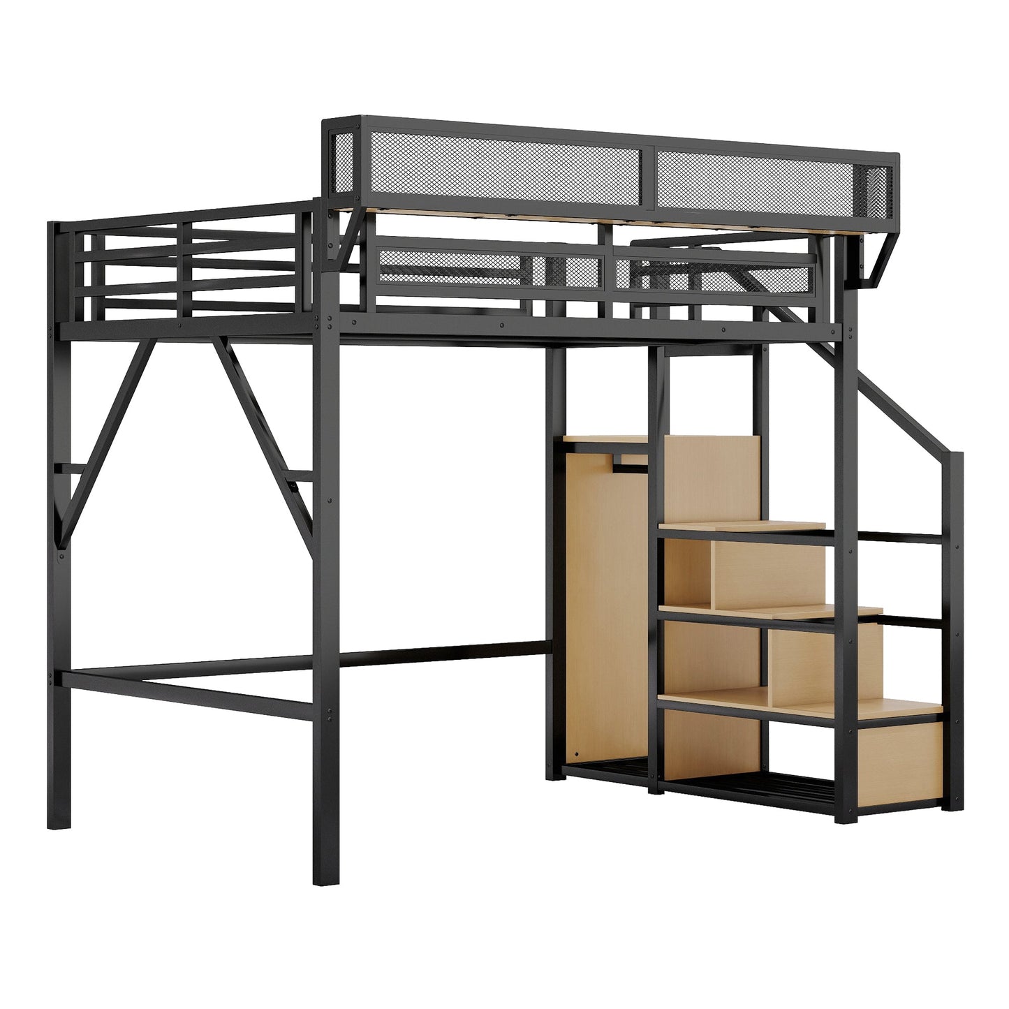 Full Size Loft Bed with Stairs and Storage Shelves