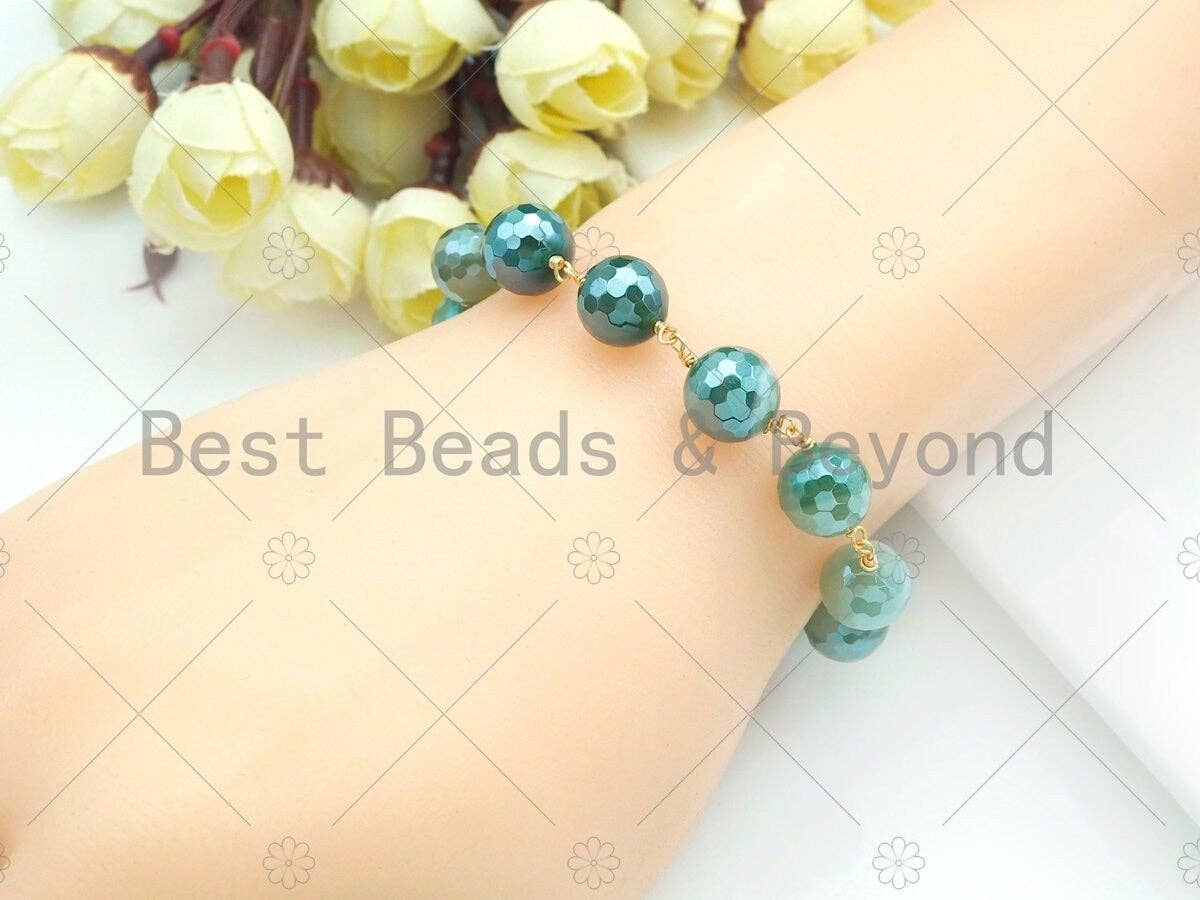 Mystic Agate Green/Aqua Blue/Pink Rosary Chain, 10mm Agate Beaded Chain, Wire Wrapped Gold Chain,Sku#V88