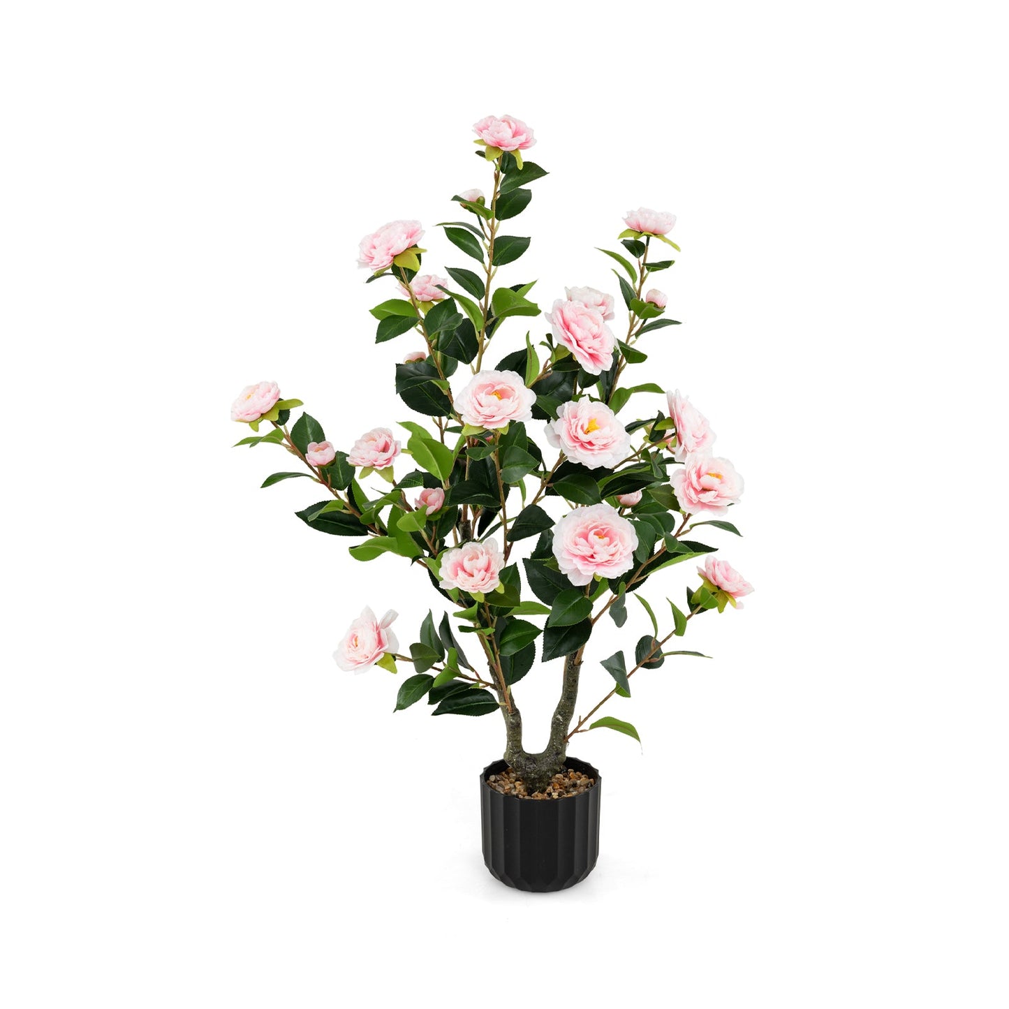 38 Inch Artificial Camellia Tree Faux Flower Plant in Cement Pot