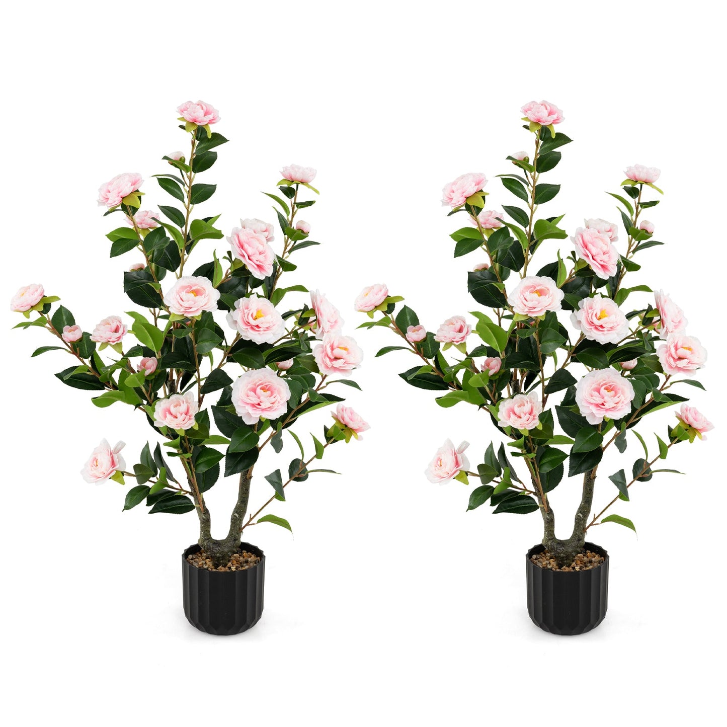 38 Inch Artificial Camellia Tree Faux Flower Plant in Cement Pot 2 Pack