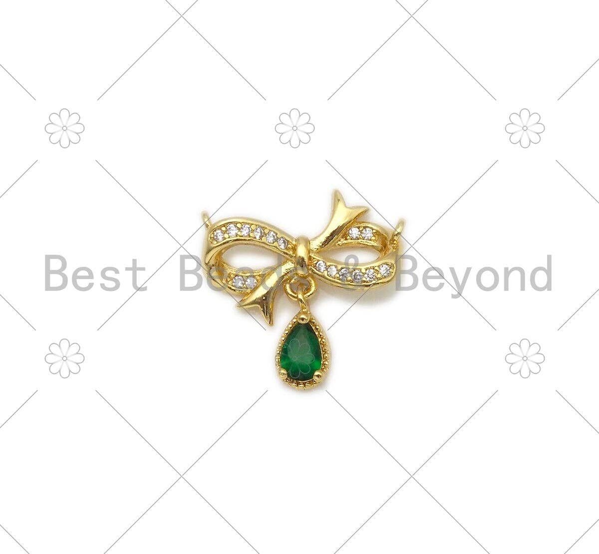 Emerald Green Teardrop CZ Micro Pave Bowknot Shape Pendant/Charm,18K Gold Filled Charm, Necklace Bracelet Charm Pendant,20x19mm,Sku#LK401