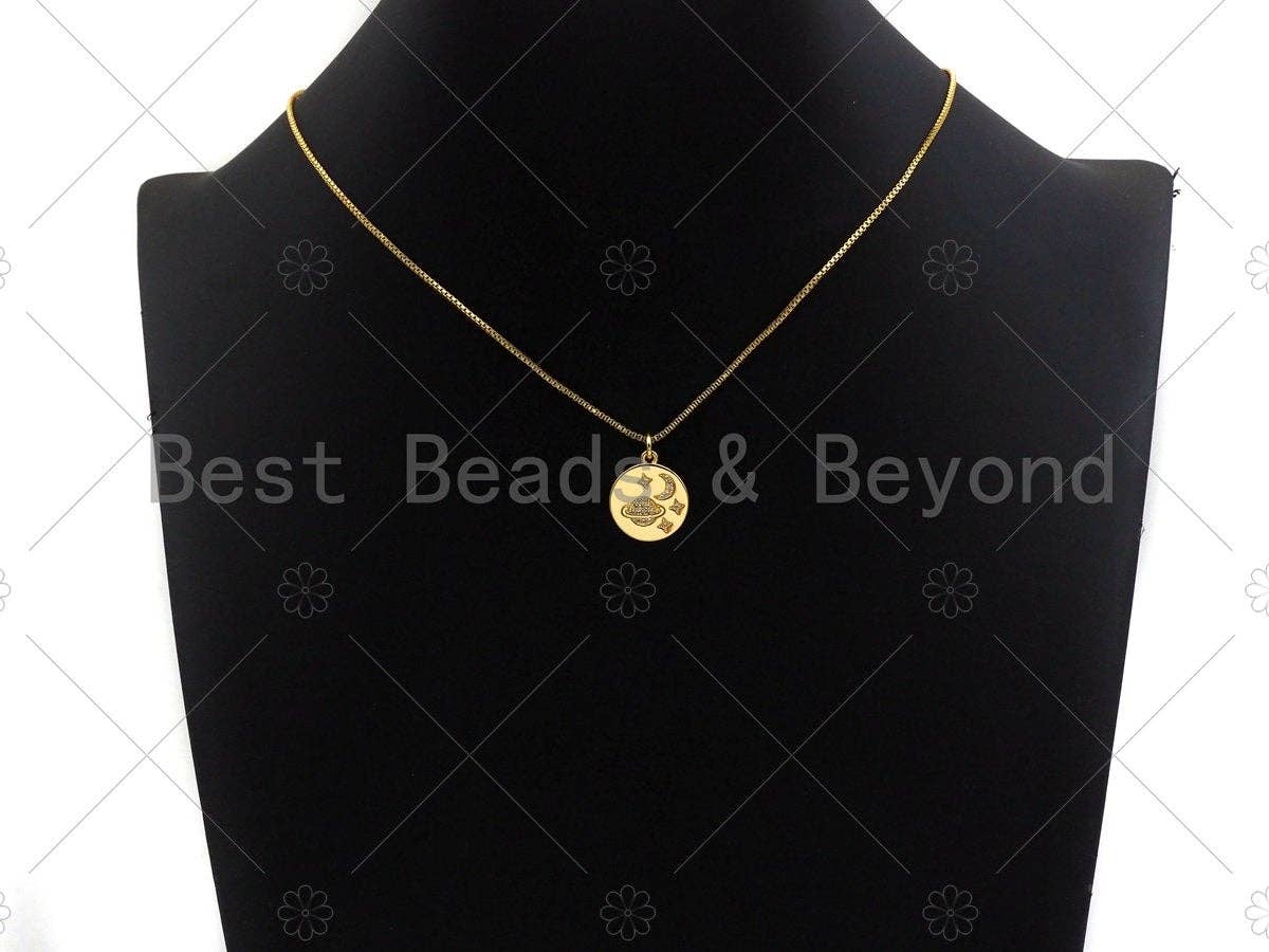 18k Shiny Gold Moon Earth Star On Round Coin Charms, Gold Coin Charms, Moon Pendant, Gold Pendant, Round Necklace Charms, 15x17mm, Sku#Z1170