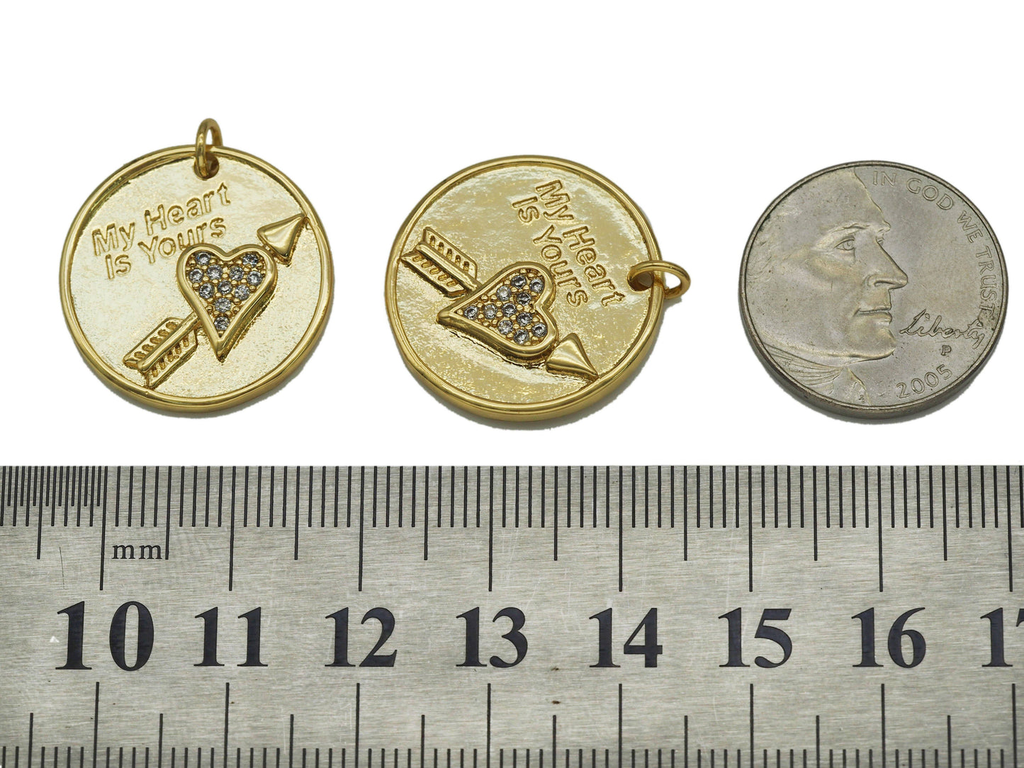 CZ Arrow Heart On Round Coin Charm, Sku#LK644