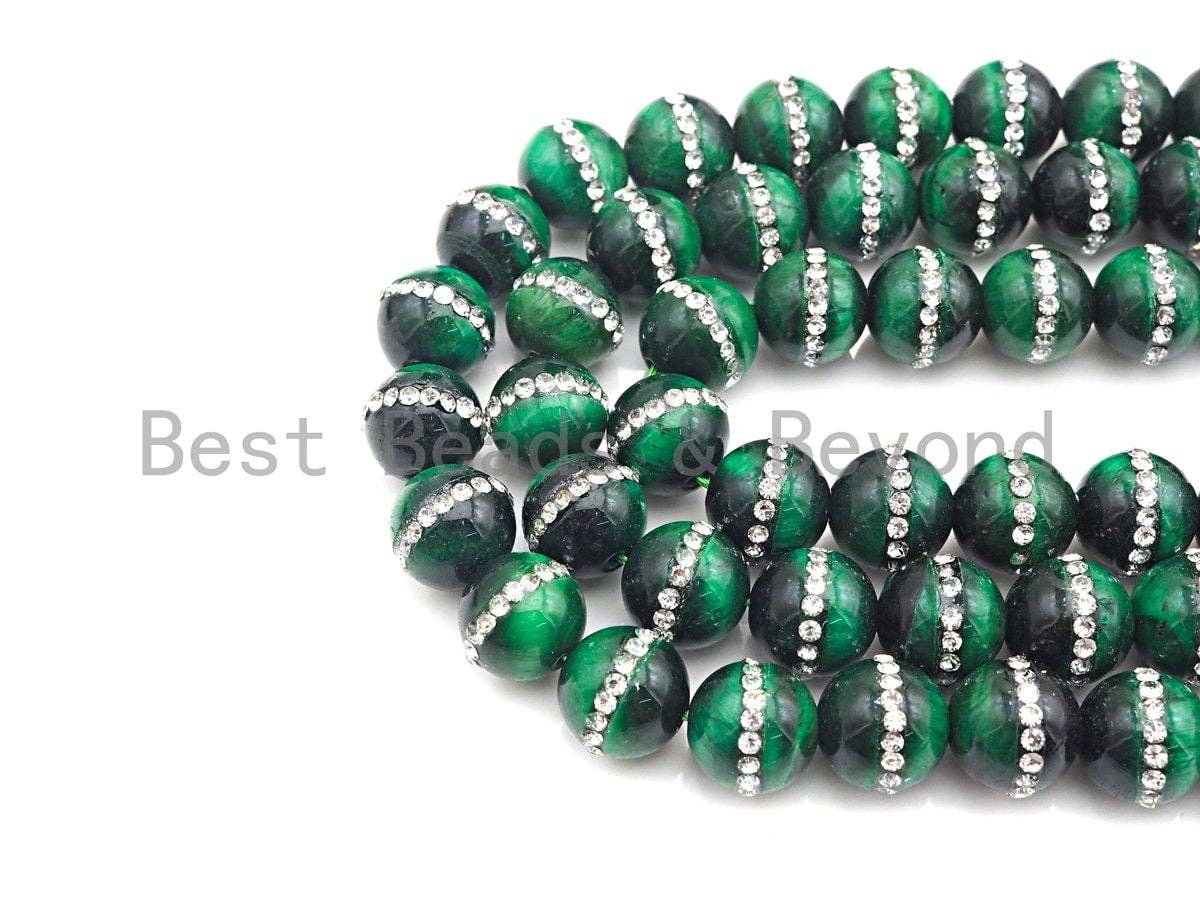 High Quality Green Tiger Eye with Rhinestone Inlaid, 6mm/8mm/10mm/12mm/14mm, Tiger eye Beads, 15.5'' Full strand, SKU#V52