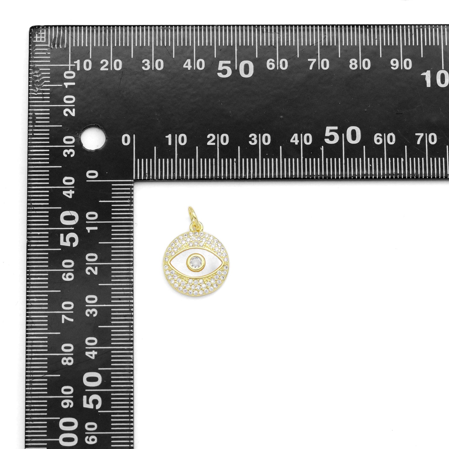 Gold Clear CZ Mother of Pearl Evil Eye Coin Shape Charm, Sku#LX462