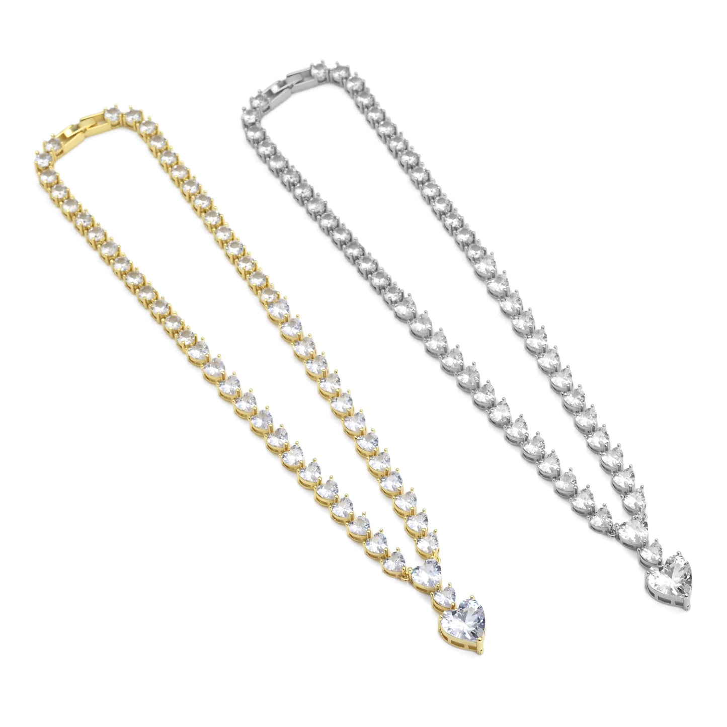 Silver Gold CZ Heart Link Heart Drop Statement Necklace, Sku#A120